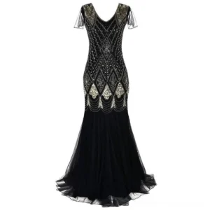 Black and gold Art Deco steampunk mermaid evening dress with sheer flutter sleeves and beaded embroidery, front view