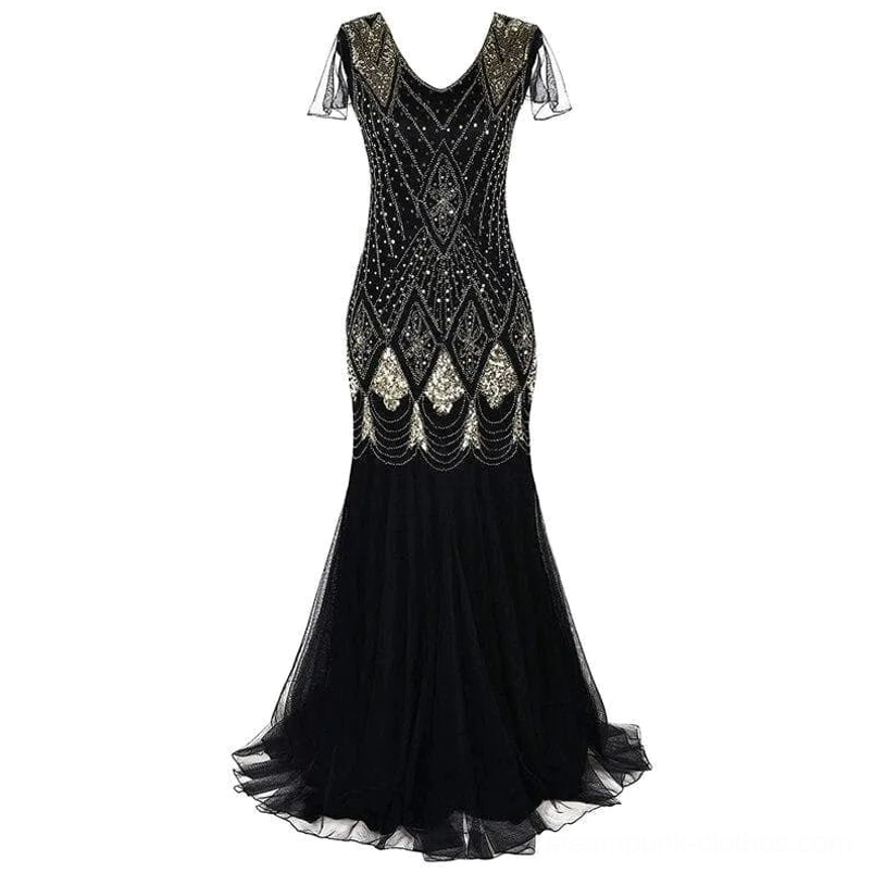 Black and gold Art Deco steampunk mermaid evening dress with sheer flutter sleeves and beaded embroidery, front view