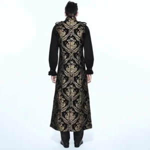 Long gothic steampunk waistcoat rear view showing full gold damask jacquard design and attached bishop sleeves