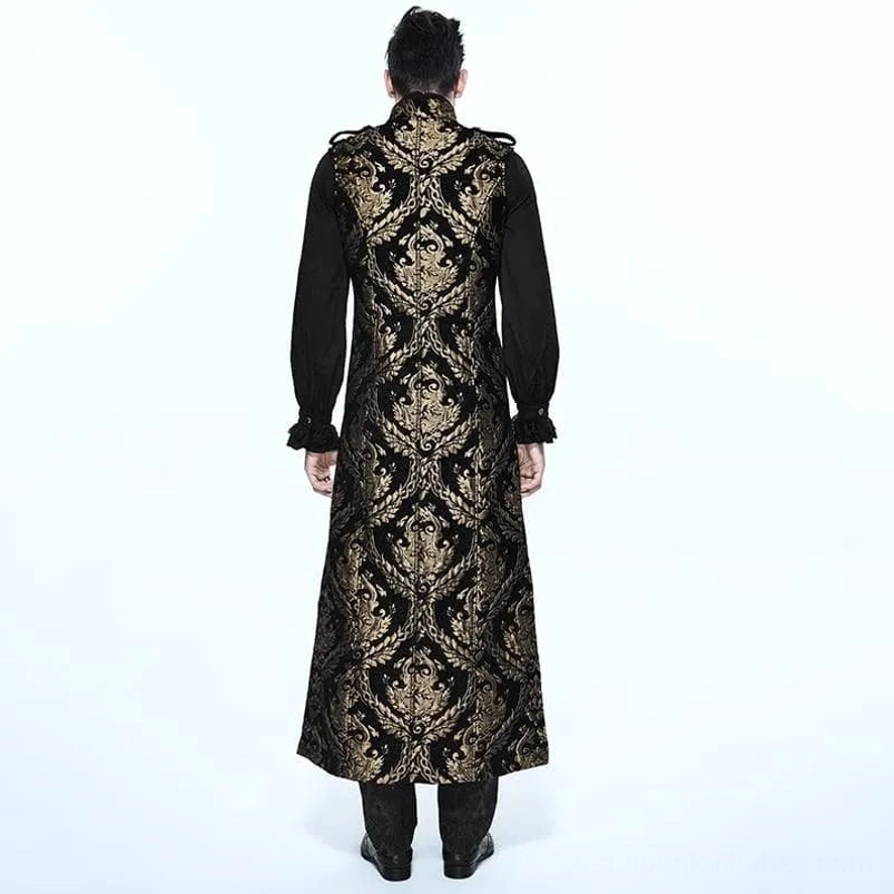 Long gothic steampunk waistcoat rear view showing full gold damask jacquard design and attached bishop sleeves