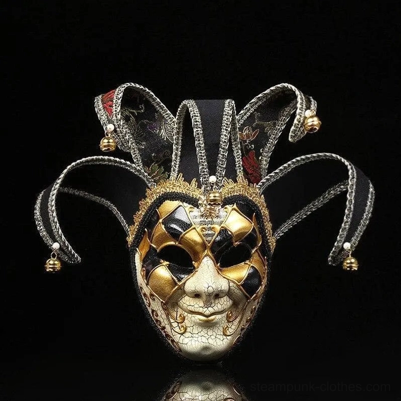 Black and gold Venetian jester steampunk masquerade mask with checkered eye design, bell-adorned jester caps, and cracked facial texture - frontal studio view