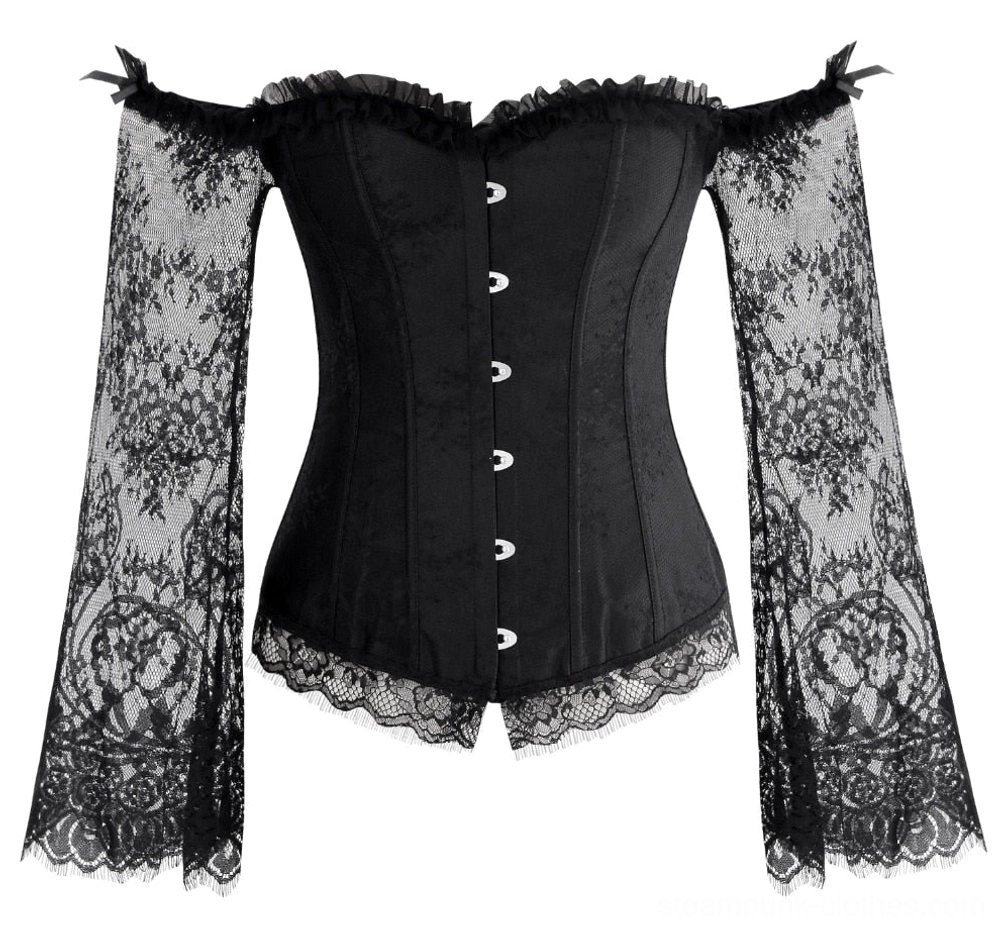 Black off-shoulder corset flat lay front view with button closure and ornate lace hem trim