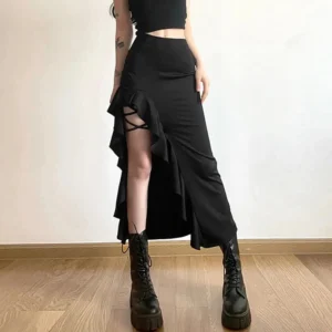 Black gothic fishtail skirt with crisscross lace-up slit and ruffled trim, front three-quarter view on model with tattoos