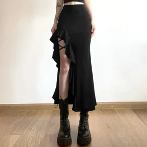 High-waisted black gothic fishtail skirt with side crisscross slit and ruffled details, direct front studio view
