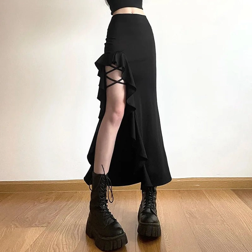 Black gothic long fishtail skirt with ruffled side panel and crisscross lace slit, three-quarter front view