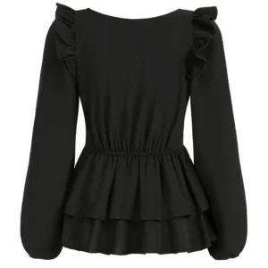 Black gothic steampunk blouse featuring ruffled shoulders, bishop sleeves, elasticated waist, and structured double peplum hem - back view flat lay
