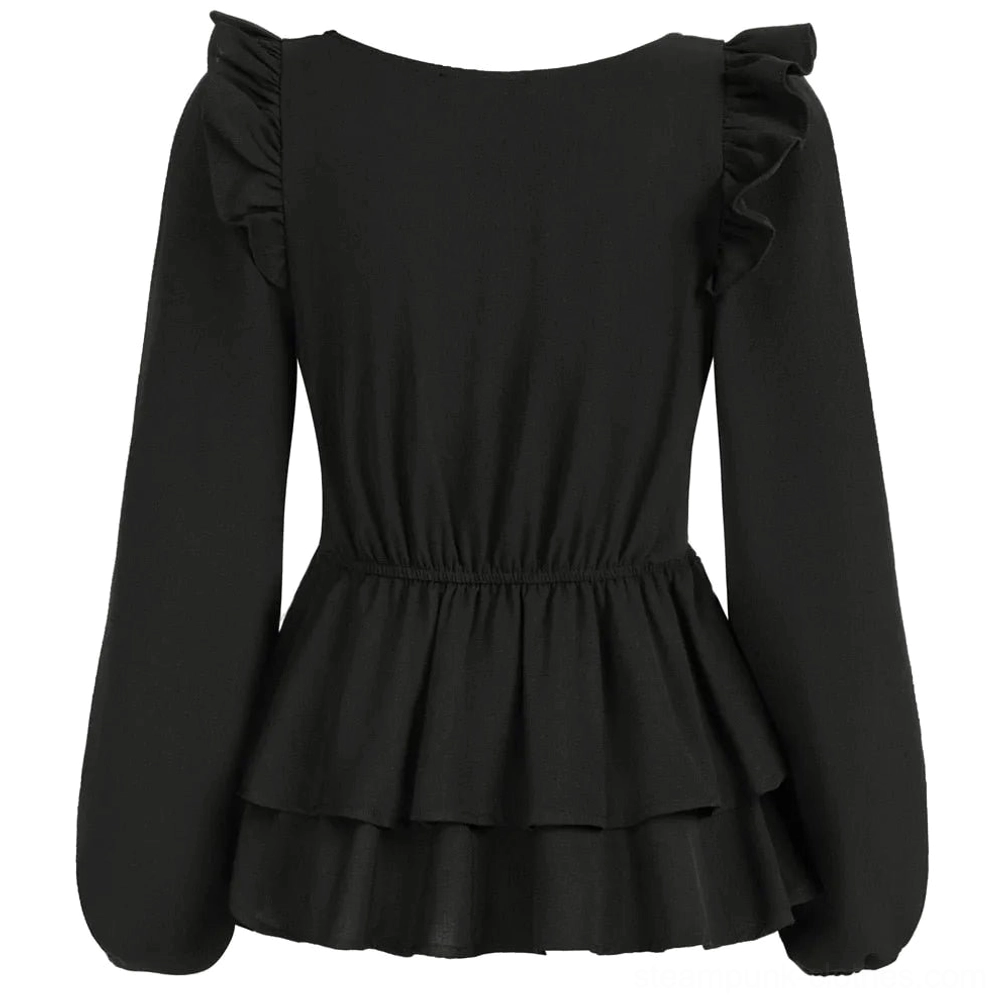 Black gothic steampunk blouse featuring ruffled shoulders, bishop sleeves, elasticated waist, and structured double peplum hem - back view flat lay