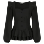 Black gothic steampunk blouse with sweetheart neckline, ruffled shoulders, front button placket, and double peplum hem - front view flat lay