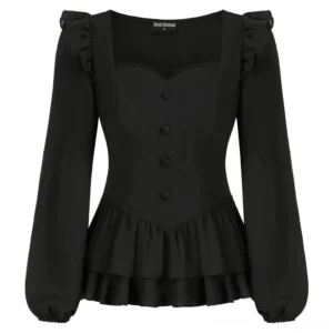 Black gothic steampunk blouse with sweetheart neckline, ruffled shoulders, front button placket, and double peplum hem - front view flat lay