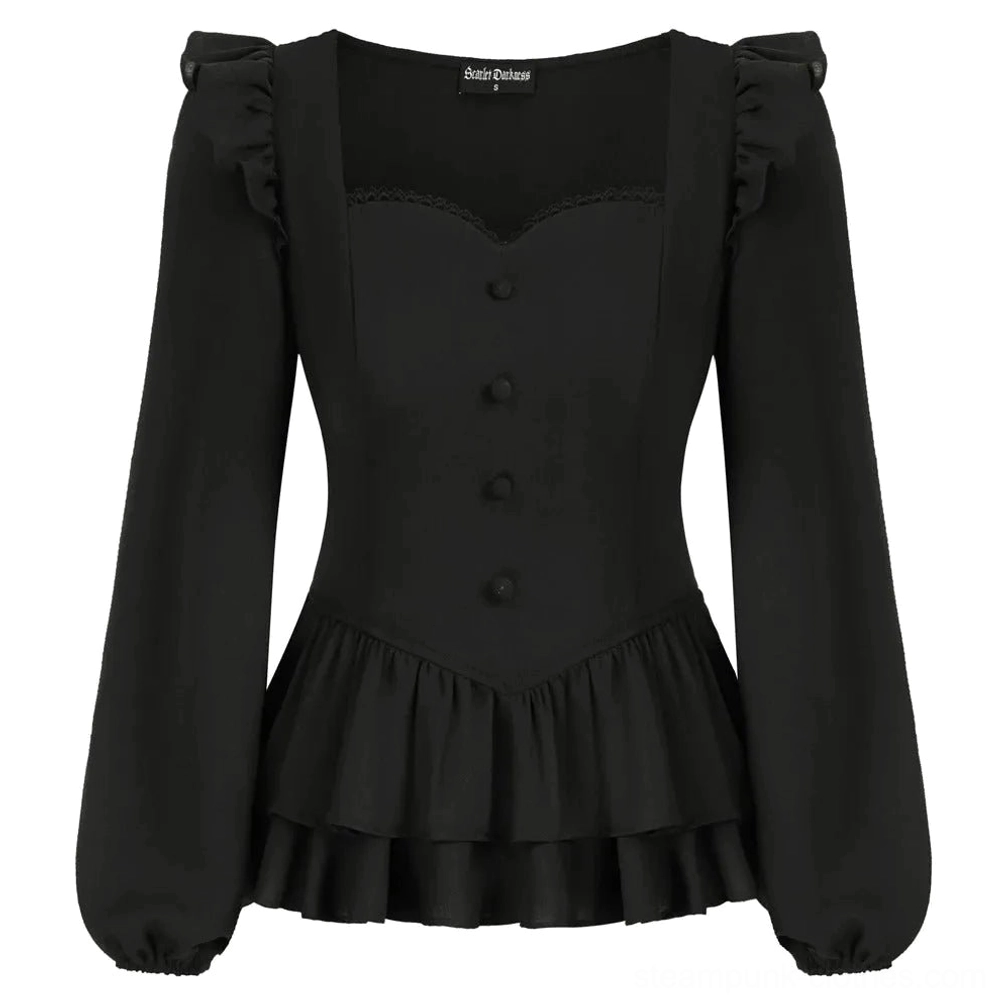 Black gothic steampunk blouse with sweetheart neckline, ruffled shoulders, front button placket, and double peplum hem - front view flat lay