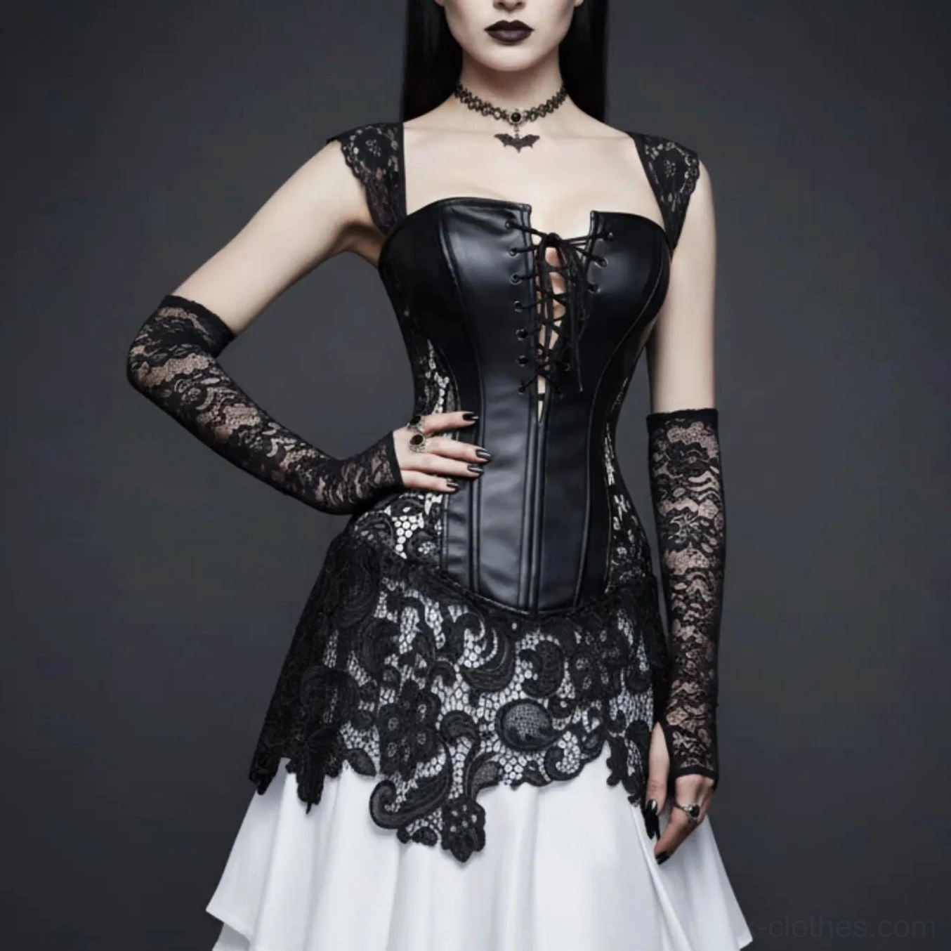Black gothic steampunk corset with lace skirt front view - faux leather bodice with lace trim and white layered skirt with black lace hem