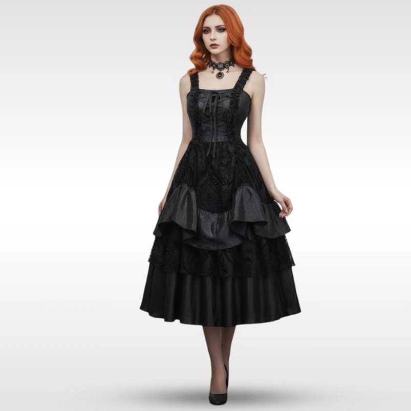 Black gothic steampunk corset prom dress with lace-up bodice and layered ruffles on dress form mannequin, front view showcasing A-line silhouette