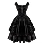Black gothic steampunk prom dress with lace-trim square neckline, corset lace-up bodice, and layered ruffled skirt - front view