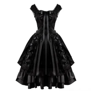 Black gothic steampunk prom dress with lace-trim square neckline, corset lace-up bodice, and layered ruffled skirt - front view