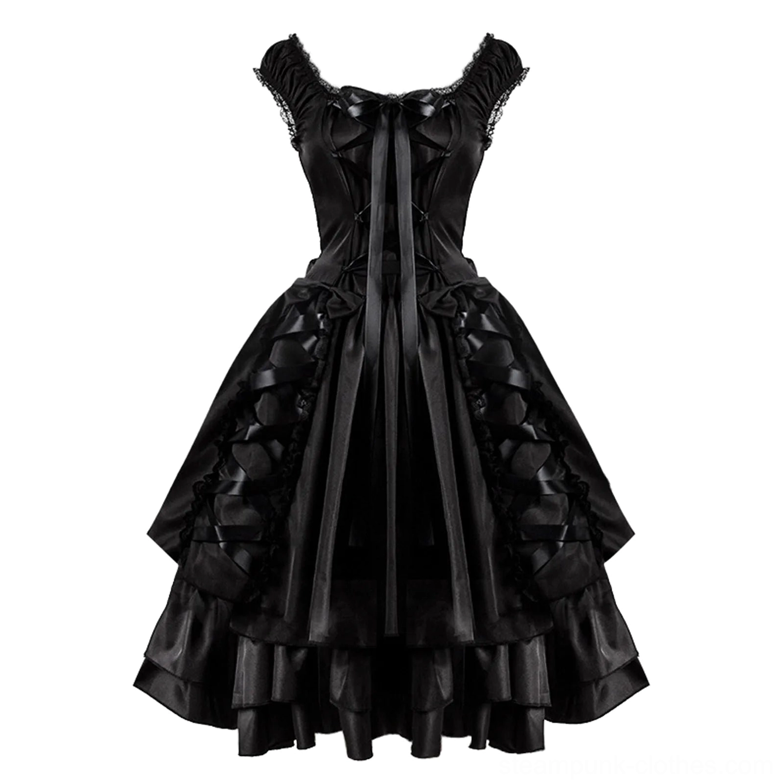 Black gothic steampunk prom dress with lace-trim square neckline, corset lace-up bodice, and layered ruffled skirt - front view