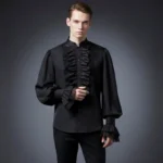 Black gothic steampunk shirt for men featuring ruffled lace collar, lantern sleeves with ruffled cuffs, and stand collar on male model in front view