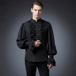 Black gothic steampunk shirt for men featuring ruffled lace collar, lantern sleeves with ruffled cuffs, and stand collar on male model in front view