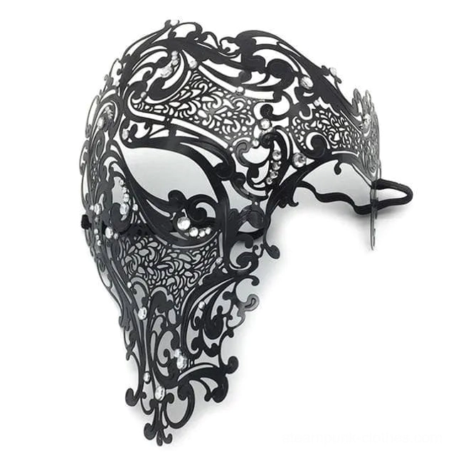 Black matte Venetian steampunk half-mask showcasing gothic ornate baroque scroll designs with rhinestone details and adjustable elastic fastener