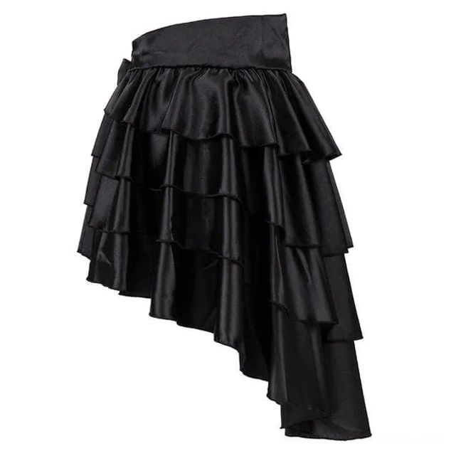 Black steampunk high-low ruffled skirt flat lay front view with multi-layered satin ruffles and asymmetric cut detail