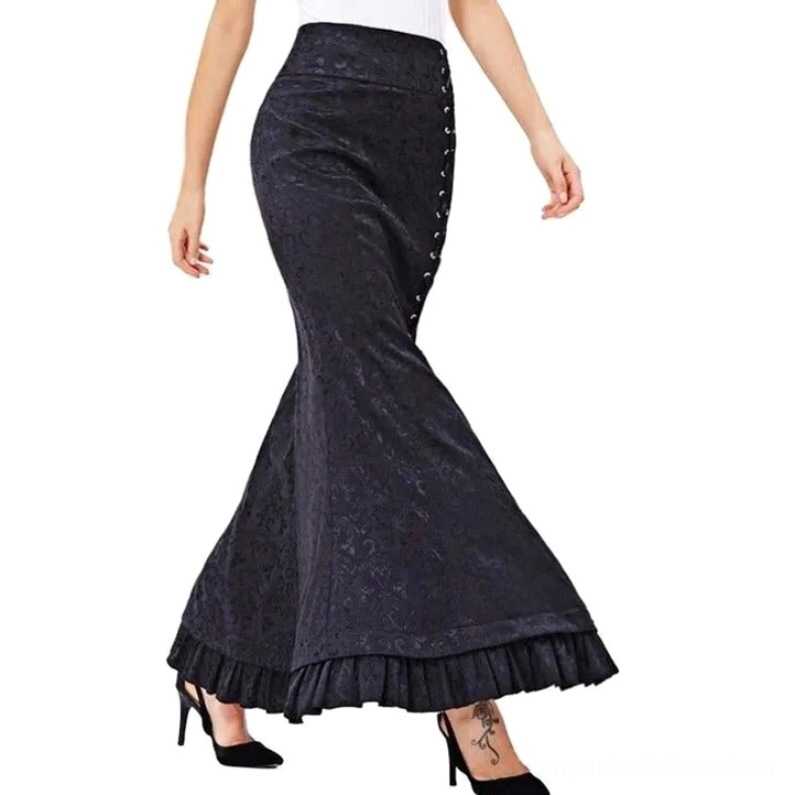 Black jacquard steampunk mermaid skirt side view showing textured fabric and side lace-up corset detail with flowing ruffles