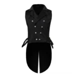 Black jacquard steampunk tailcoat vest front double-breasted view with ornate metal buttons and embossed paisley texture