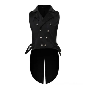 Black jacquard steampunk tailcoat vest front double-breasted view with ornate metal buttons and embossed paisley texture