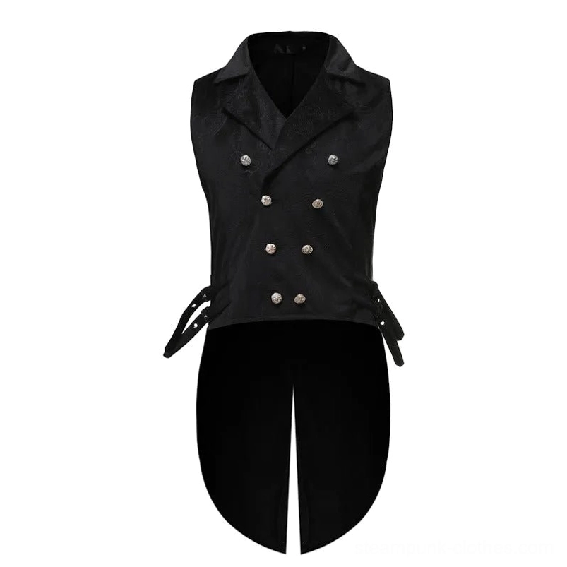 Black jacquard steampunk tailcoat vest front double-breasted view with ornate metal buttons and embossed paisley texture