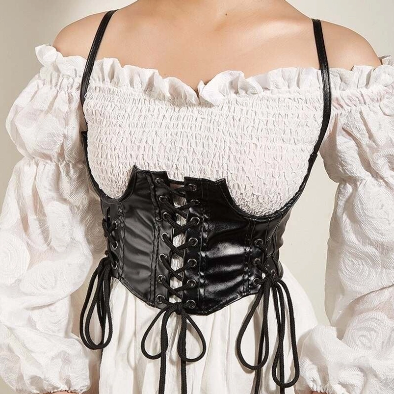 Black faux leather adjustable lace-up corset harness with thin shoulder straps and braided drawstring - steampunk body belt front view