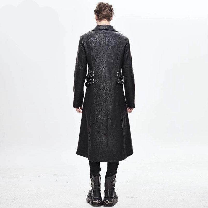 Back view of men's steampunk leather trench coat showing waist straps and structural design