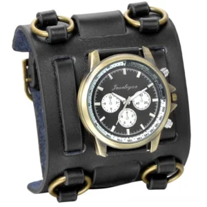 Black leather steampunk cuff watch front view with bronze hardware and chronograph sub-dials