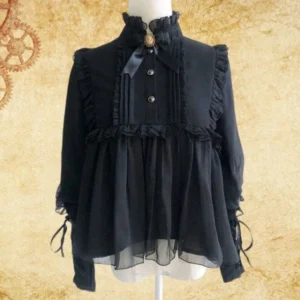 Black lolita steampunk blouse front view with ruffled trims, buttoned stand collar and lace-up cuffs against vintage gear texture background