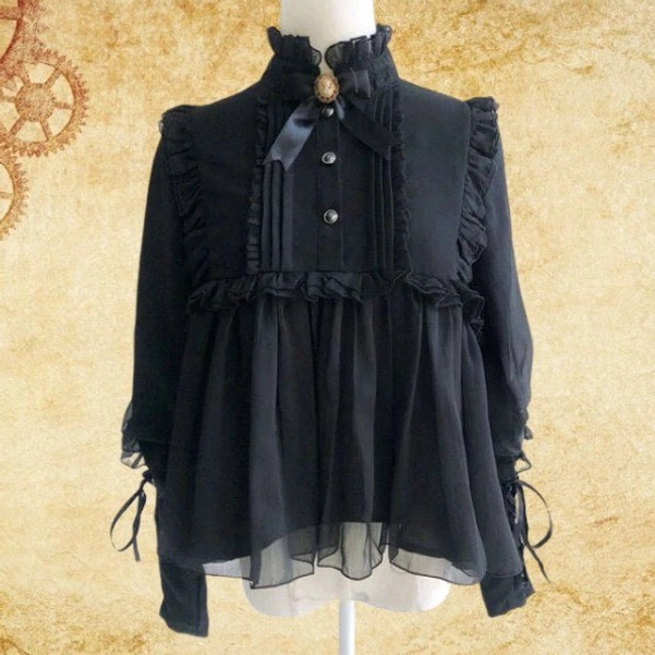Black lolita steampunk blouse front view with ruffled trims, buttoned stand collar and lace-up cuffs against vintage gear texture background