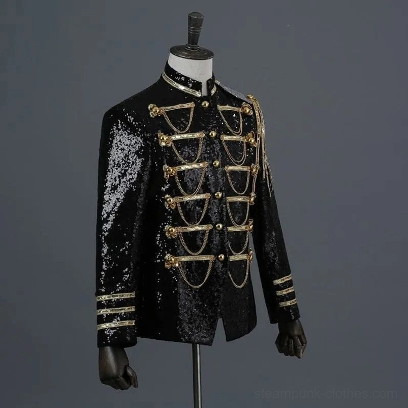 Black military steampunk sequin jacket three-quarter angle showing epaulet detail and gold trims