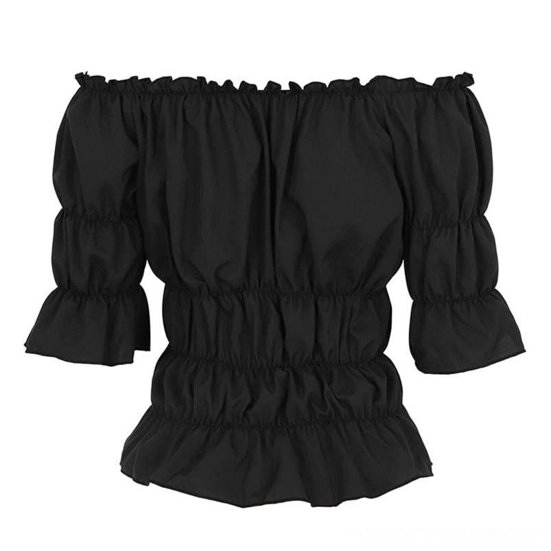 Black off-shoulder steampunk blouse with ruffled details and elastic ruched waist flat product shot