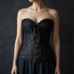 Black overbust steampunk corset front view with jacquard brocade fabric, metal buttons, and ruffled trim - frontal design with lace bow detail