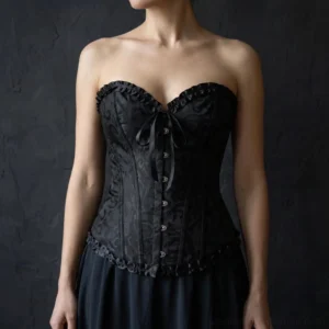 Black overbust steampunk corset front view with jacquard brocade fabric, metal buttons, and ruffled trim - frontal design with lace bow detail