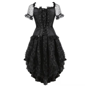 Black Steampunk Dress Back View - Back Ribbon Lace-Up Closure with Layered Lace Skirt Details