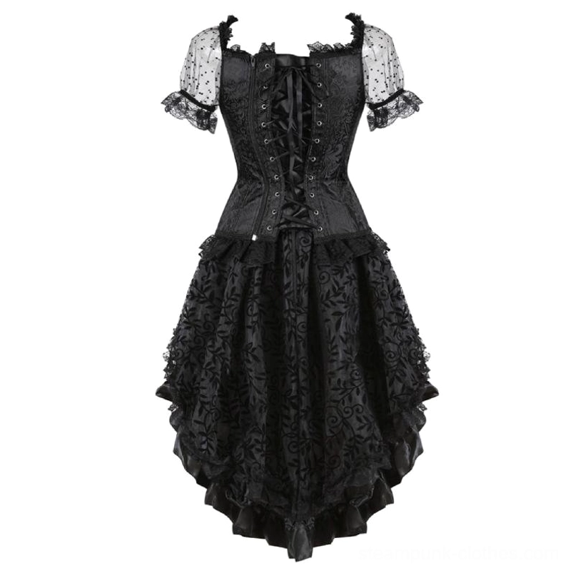 Black Steampunk Dress Back View - Back Ribbon Lace-Up Closure with Layered Lace Skirt Details