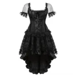 Black Period Steampunk Dress Front View - Lace-Up Corset Bodice with High-Low Ruffled Lace Skirt