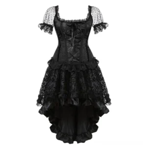 Black Period Steampunk Dress Front View - Lace-Up Corset Bodice with High-Low Ruffled Lace Skirt