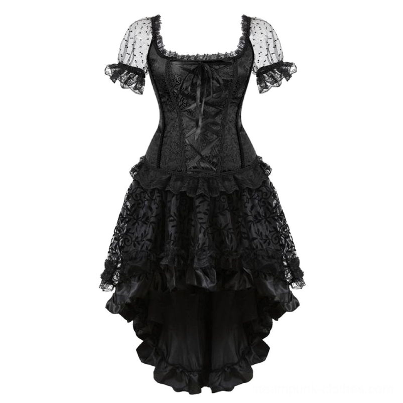 Black Period Steampunk Dress Front View - Lace-Up Corset Bodice with High-Low Ruffled Lace Skirt