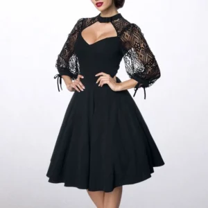 Black Rococo steampunk dress front view with heart-shaped bust, lace lantern sleeves, halter cutout neckline, and tie cuffs