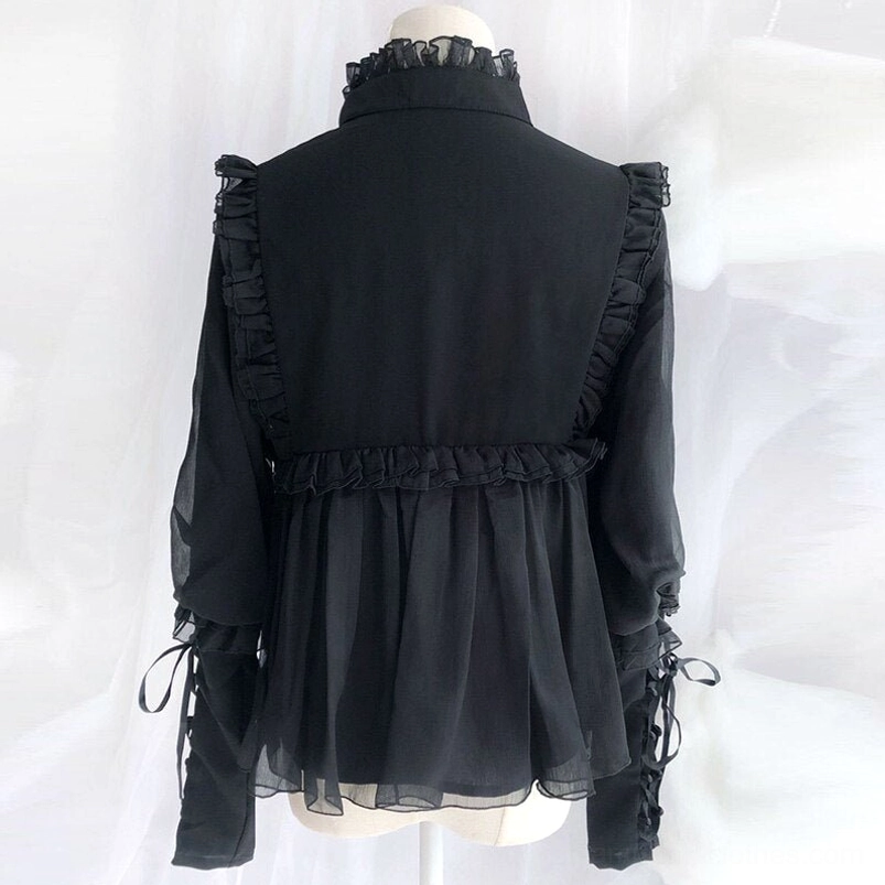 Black steampunk lace-up blouse back view displaying ruffled stand collar, waist ruffled trim and decorative lace-up cuffs