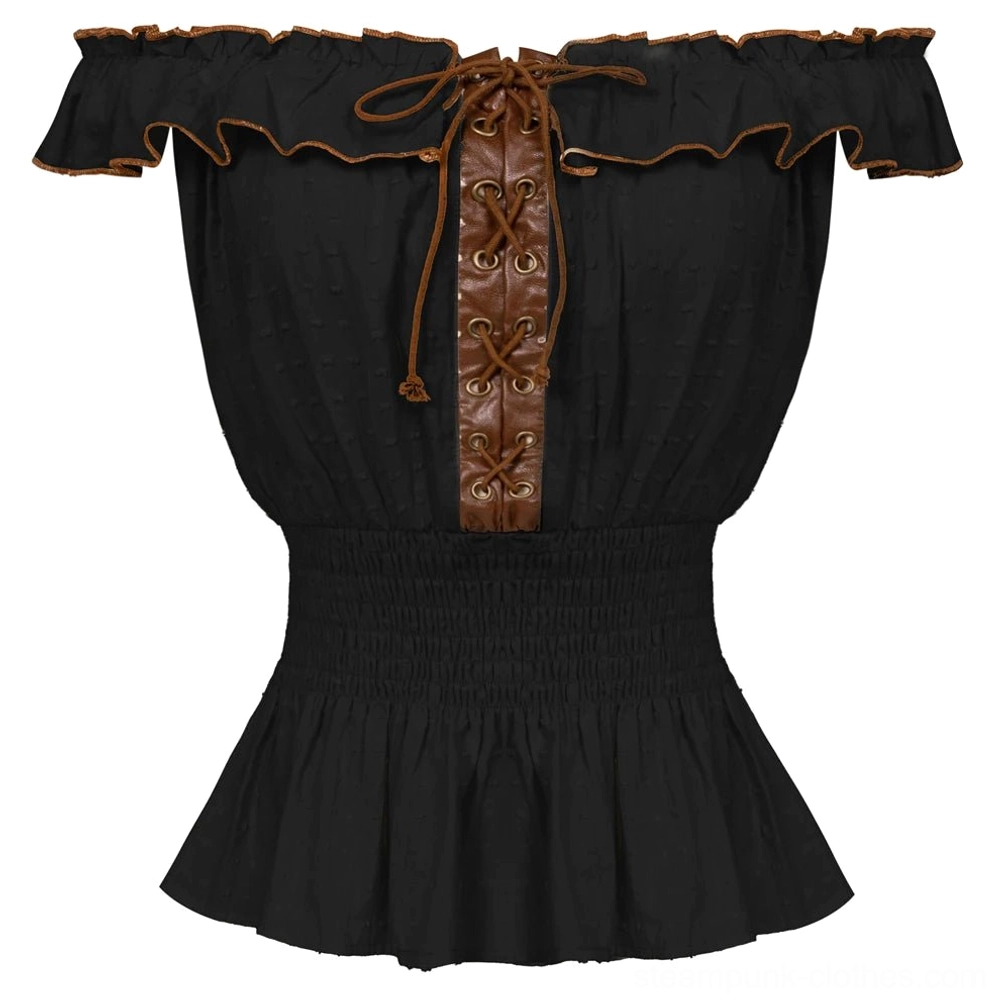 Black steampunk blouse flat lay showing brown lace-up front and smocked peplum hem - studio product photography