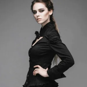 Black steampunk blouse side view, showing fitted waist, puff sleeves, and ornamental neck accessory