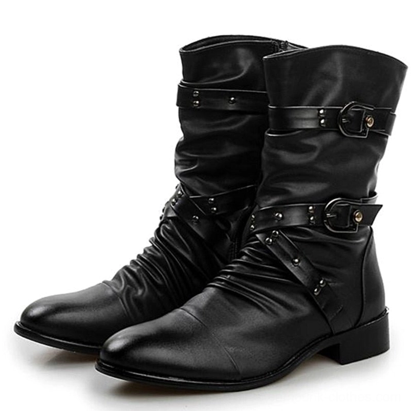 Pair of black steampunk leather boots front three-quarter angle view showcasing dual buckle strap closure and low block heel on white studio background