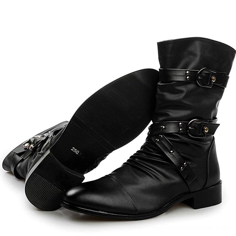 Black steampunk boots side profile with sole exposed displaying rubber outsole construction and buckle fastenings on white studio background