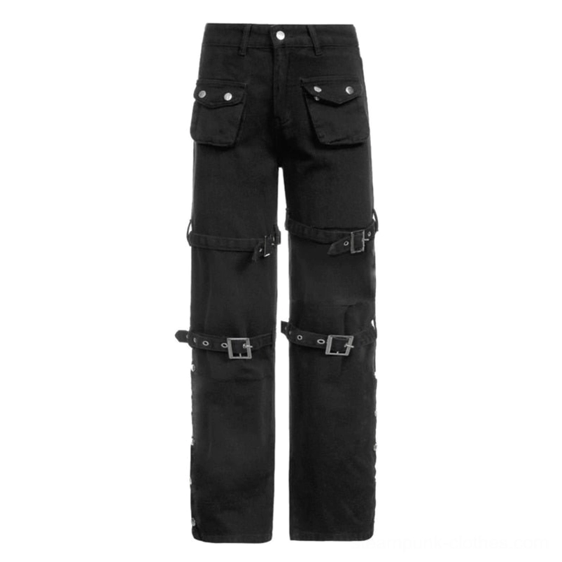 Flat lay front view of black steampunk trousers displaying multiple silver snaps, flap pockets, and side snap fasteners on white background