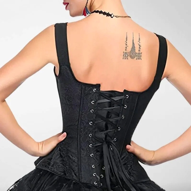 Black gothic steampunk corset back view with ribbon lace-up closure metal eyelets and wide shoulder straps