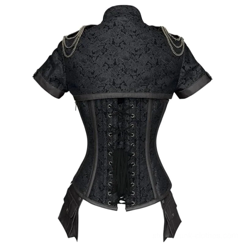 Back view black steampunk corset showing lace-up back closure and leather reinforcement